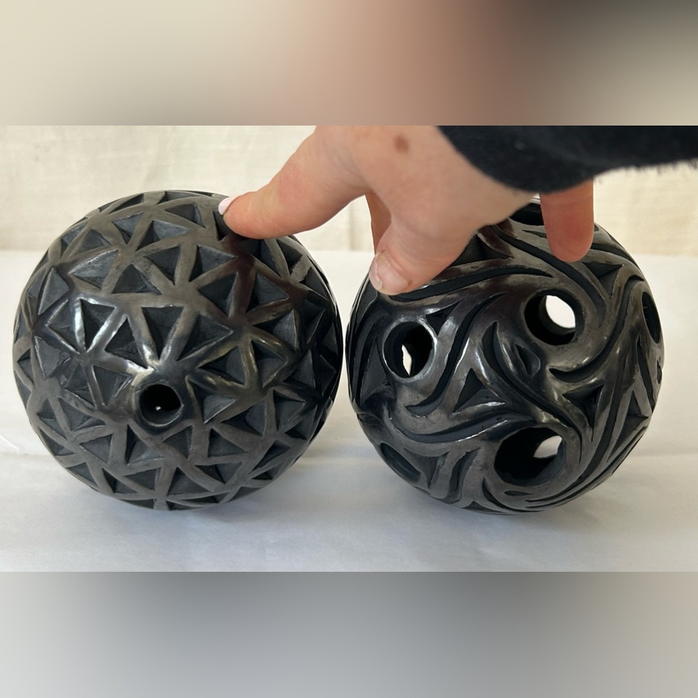 Hand Sculpted Artisanal Black Clay Black Geometric Sphere Set from Oaxaca,Mexico
